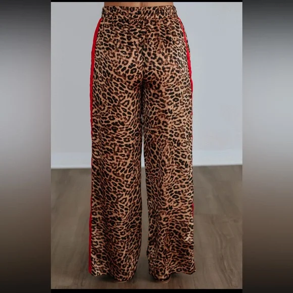 Things Between Wide Leg Pants Leopard Size Large Black Brown Red Stripe Flowy - Picture 3 of 13